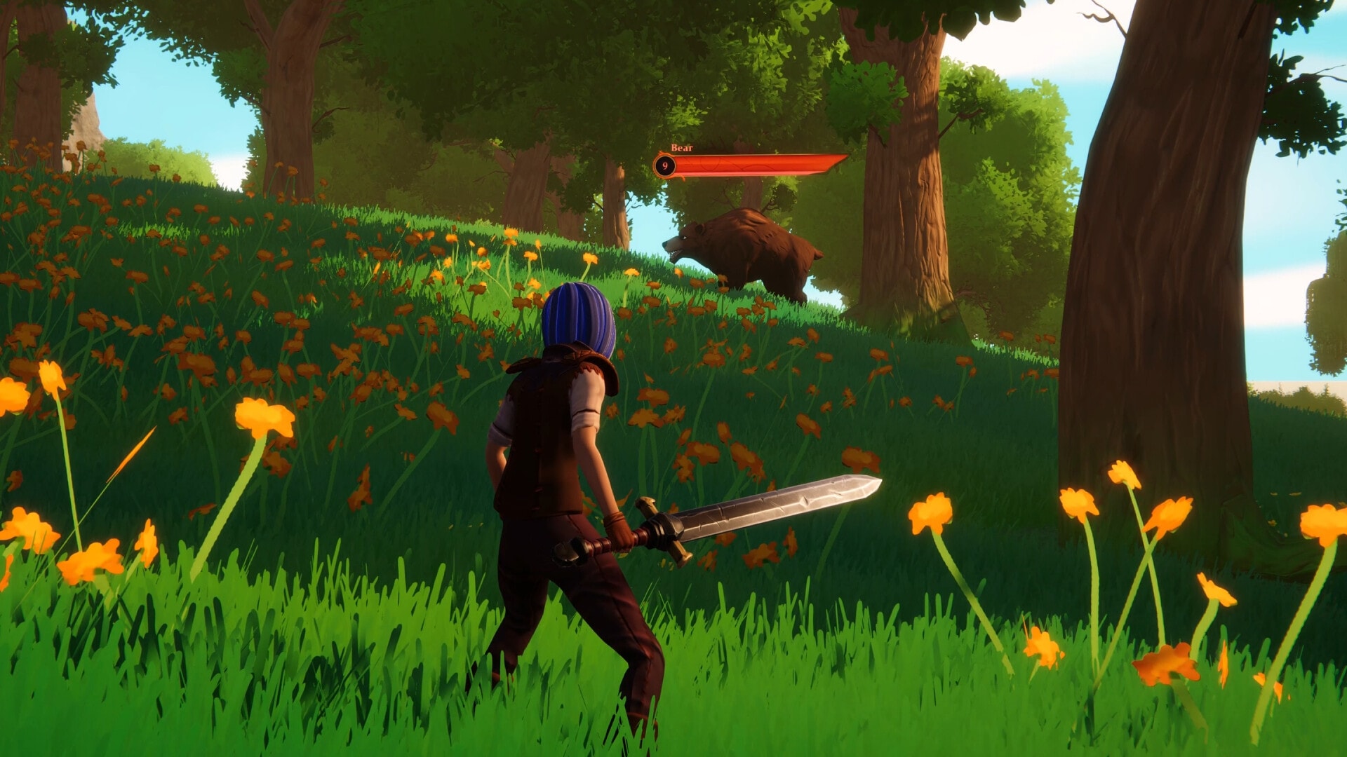 Mistwilds real-time PvE combat — warrior battling a dungeon boss