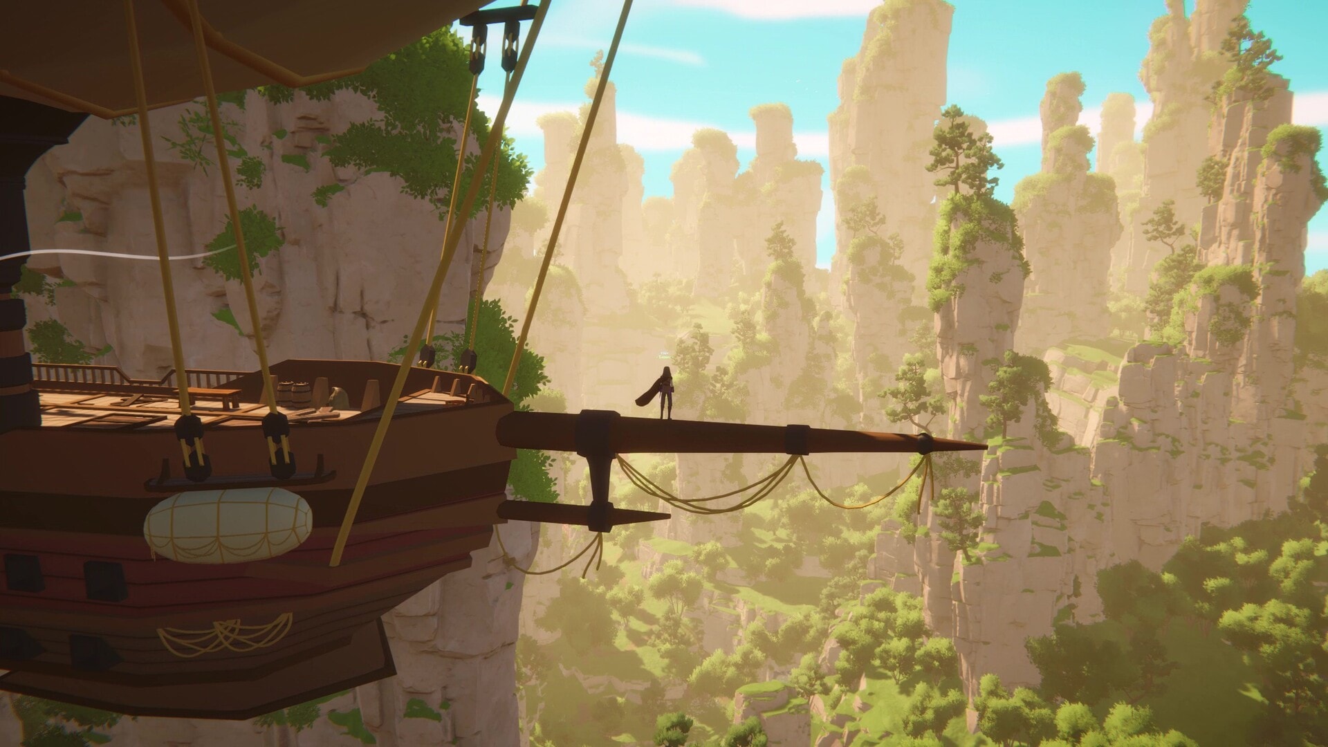 Mistwilds flying ship soaring over a vast open-world fantasy landscape