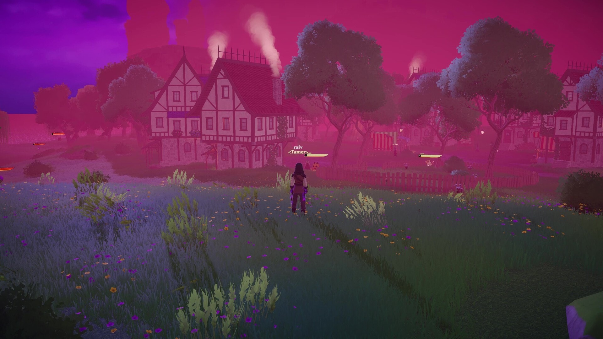 Mistwilds open-world fantasy town with misty violet sky and glowing lanterns